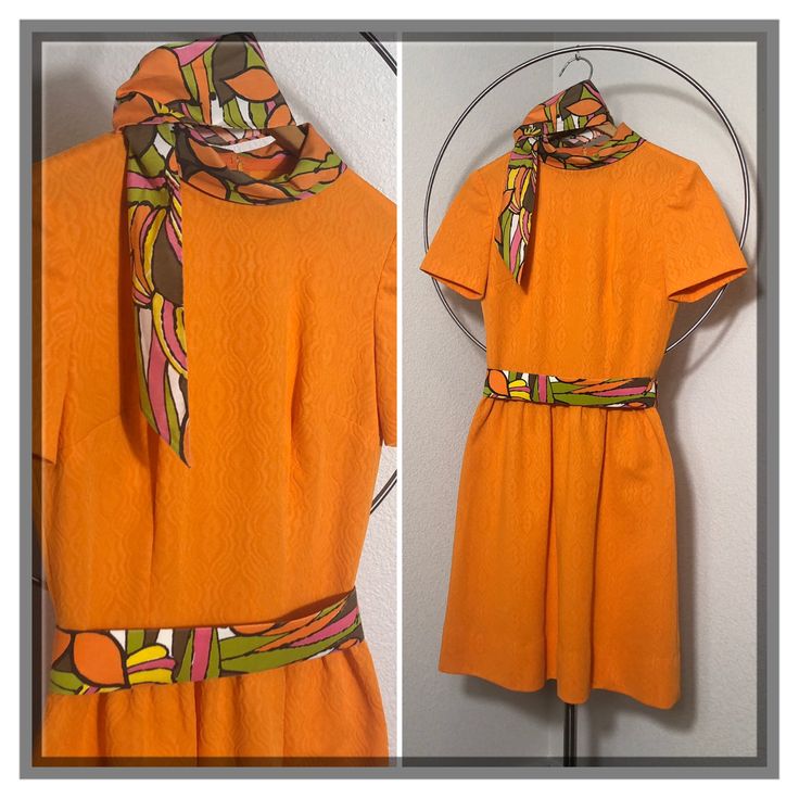 "Homemade but by an expert seamstress. This little dress is so adorable with a fit and flare silhouette, matching collar, belt and headscarf.  The collar is a loose band, not quite Coale but with the fold over.  In the listing picture, the headscarf is tied above the collar.  Meant to be worn with a ponytail or as a hair tie, I'm sure.   Chest: 32\" Waist: 26\" Shoulder: 14\" Length: 38\" One small snag." Fitted Retro Belted Dress, Retro Belted Dresses For Daywear, Retro Fitted Belted Dresses, Rainbow Clothes, Superstar Barbie, Short Puffer Jacket, Orange Fits, Rainbow Outfit, 2024 Style