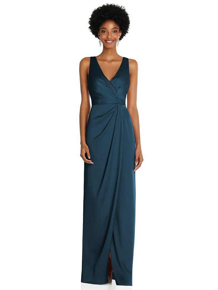 Gorgeous For A Wedding Or Formal Soiree, This Full-length Gown Creates Instant Sophistication With Its Chic Whisper Satin Fabric. The Draped, Surplice Bodice Draws The Eye Up, While An Inset Waistband Creates A Sense Of Structure And Definition. You'll Dance The Night Away In This Stunning Draped Tulip Skirt Dress! Shown In Atlantic Blue. After Six, Mother Of Groom Dresses, Full Length Gowns, Tulip Skirt, Infinity Dress, فستان سهرة, Dress Order, Satin Gown, Satin Maxi