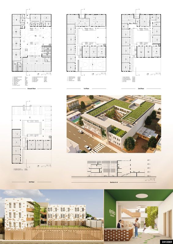 an architectural drawing shows the plans and elevations for two buildings, one with green roofs