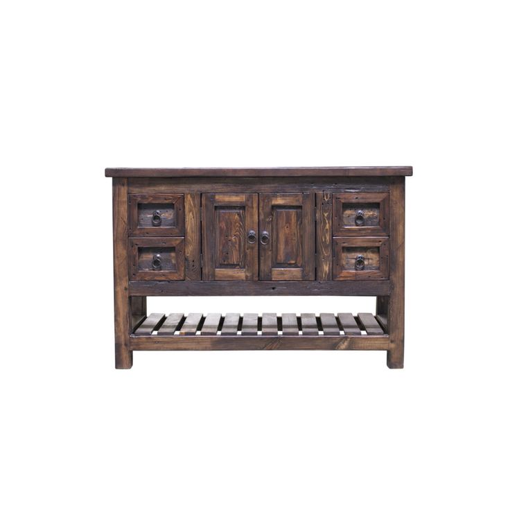 an old wooden bed frame with drawers on the bottom and bottom shelf, against a white background