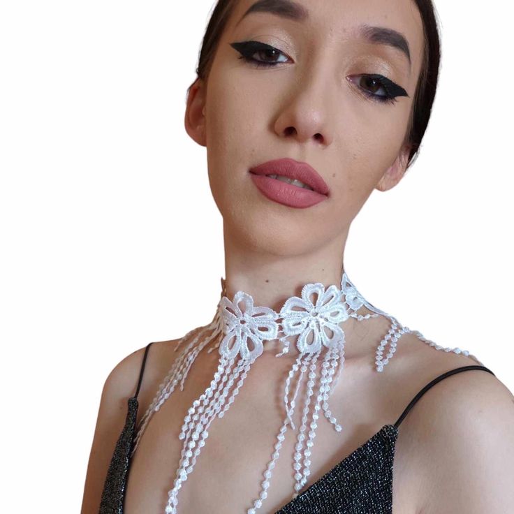 Romantic fringe lace choker  One size, adjustable (12 ")  If you need special size, small or large, please message me.  Fastens with silky cords on the back.  It is perfect to wear with corset, evening or with party dress, or a Festival costume accesories.  Find more accessories here in my shop : https://www.etsy.com/shop/HouseOfTooFan Please note that due to lighting effects, monitor's brightness, contrast and other settings, there might be some slight differences in the color tone/shade of the Elegant Handmade Summer Choker, Bohemian Summer Party Choker, White Beaded Choker For Wedding, Bohemian Jewelry For Spring Party, Delicate White Necklace For Party, Delicate White Jewelry For Party, Summer Party Choker Jewelry, Summer Party Flower Shaped Choker, Elegant Beaded Choker For Summer