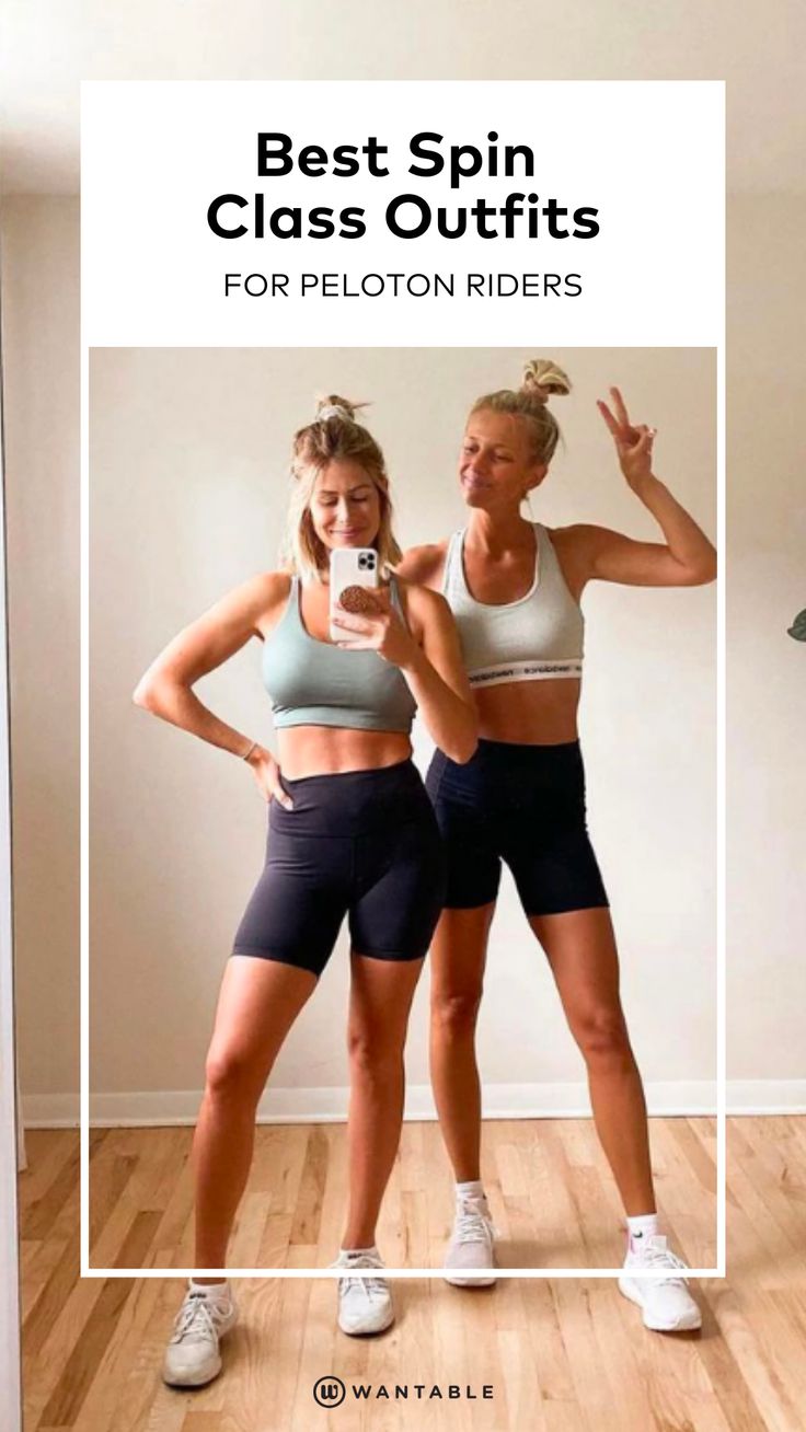 two women standing next to each other with the caption best spin class outfits for peloton riders