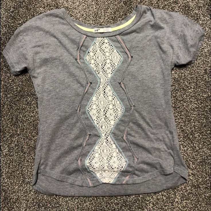 Looks Great On, Never Worn! Gray Stretch Casual Blouse, Casual Stretch Tops With Lace Trim, Casual T-shirt With Lace Trim For Spring, Casual Spring Tops With Lace Trim, Stretch Tops With Lace Trim For Day Out, Casual Lace Trim Tops For Spring, Stretch Lace Top For Day Out, Casual Crew Neck Blouse With Lace Top, Casual Lace Top Crew Neck Blouse