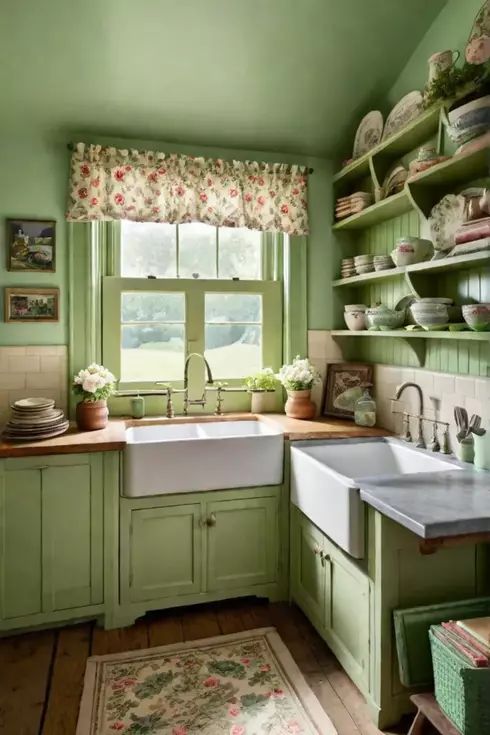 a kitchen with green painted walls and wooden flooring, an old - fashioned sink is in the center of the room