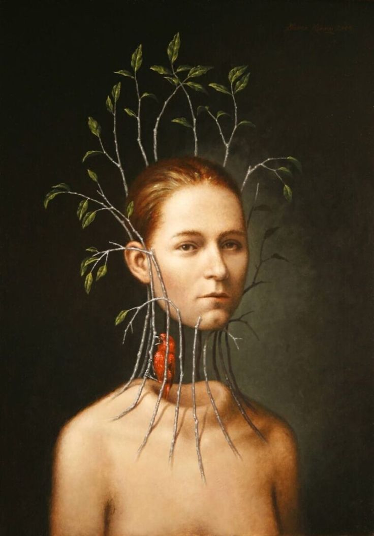 a painting of a woman with leaves on her head and branches growing out of her body