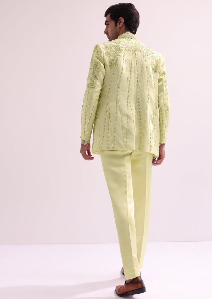 Lime Bandhgala Set with Floral Embroidery Silk Wedding Sets With Set-in Sleeves, Elegant Silk Sherwani With Resham Embroidery, Elegant Silk Nehru Jacket, Elegant Nehru Jacket For Formal Spring Occasions, Elegant Formal Spring Nehru Jacket, Tailored Silk Party Sets, Elegant Spring Bandhgala For Formal Occasions, Elegant Spring Nehru Jacket For Formal Occasions, Formal Silk Sets With Set-in Sleeves