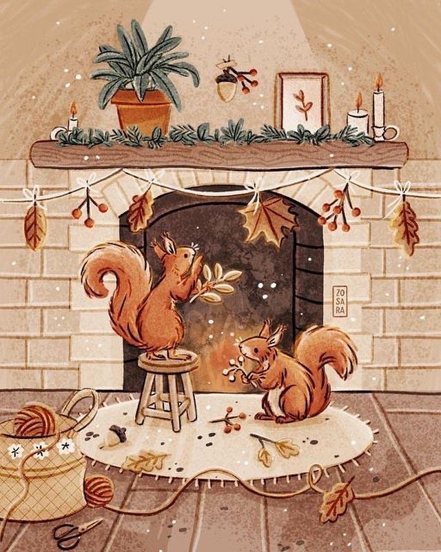 a painting of two squirrels sitting on a stool in front of a fireplace with decorations around it