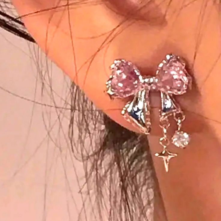 Small Silver Earrings It Has A Pink Bow Pink Silver Earrings, 21st Bday Accessories, Pink Bow Earrings, Valentine's Day Crystal Earrings For Pierced Ears, Feminine Earrings For Valentine's Day Party, Coquette Earrings, Pink Clay Earrings, Girly Earrings, Earrings Piercings