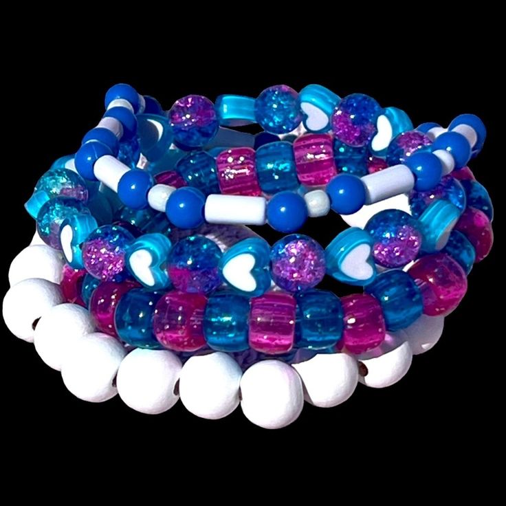 Handmade Girls Beaded Stretchy Stackable Bracelets. Plastic And Wood Beads. Hearts Blue Pink White. Wear Them Together Or Alone. Mix With Other Bracelets. Just Made, Never Been Worn. Blue Beaded Bracelets With Heart Beads, Blue Beaded Heart Bracelet, Blue Heart-shaped Beaded Bracelets, Blue Heart-shaped Beaded Bracelet, Blue Heart Beaded Bracelet With Round Beads, Blue Heart Bracelet With Round Beads, Blue Bracelet With Heart And Round Beads, Blue Heart And Round Beads Bracelet, Adjustable Blue Beaded Bracelets With Heart Beads