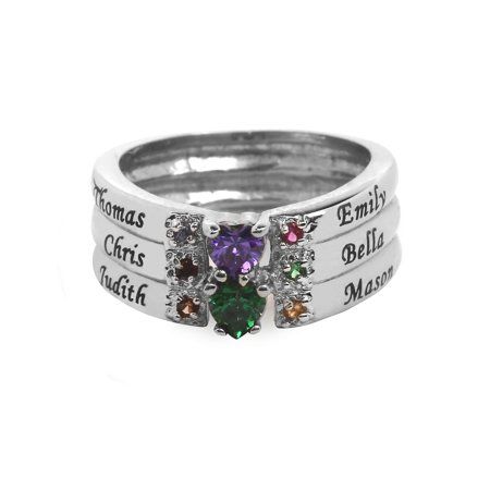 Fall in love with this gleaming Sterling Silver family birthstone ring that will always remind you of your loved ones. In the center of the ring there are two large heart shaped stones bordered by up to three smaller stones on each side. This set is perfect for someone looking for a dazzling and meaningful piece of jewelry. Sparkling with vibrant color, each simulated gemstone represents the birth month of a family member. Use the larger stones to represent mom and dad and the smaller stones to Classic Multi-stone Stackable Rings For Anniversary, Personalized Silver Heart Cut Birthstone Ring, May Birthstone Heart Cut Birthstone Ring, Cubic Zirconia Birthstone Ring, Heart Cut Stackable Rings For Anniversary, Personalized Promise Rings With May Birthstone, Personalized Rings For Promise With May Birthstone, Personalized Cubic Zirconia Birthstone Promise Ring, Personalized Heart Cut Birthstone Promise Ring