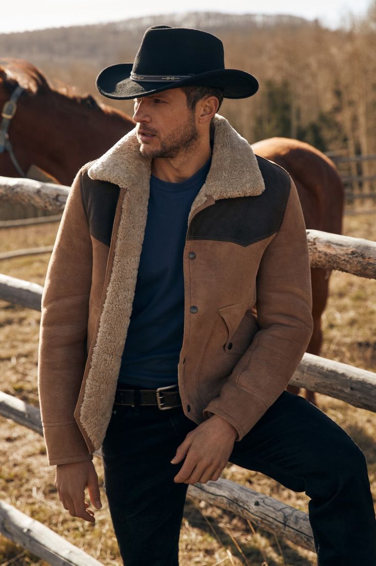 click to expand Fitted Sheepskin Outerwear For Fall, Western Leather Outerwear For Ranch, Winter Rodeo Outerwear With Pockets, Winter Outerwear With Pockets For Rodeo, Western Style Winter Outerwear For Rodeo, Western Winter Outerwear For Rodeo, Fitted Western Outerwear With Pockets, Rugged Sheepskin Long Sleeve Outerwear, Rugged Sheepskin Outerwear With Long Sleeves