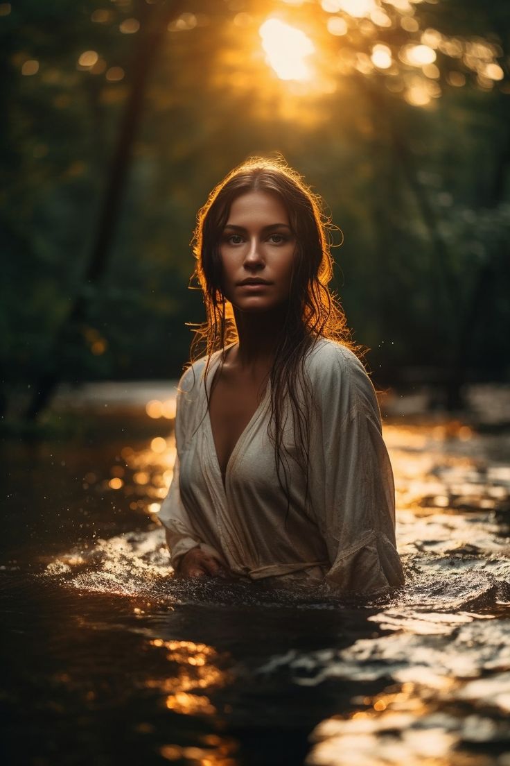 a woman standing in the water at sunset