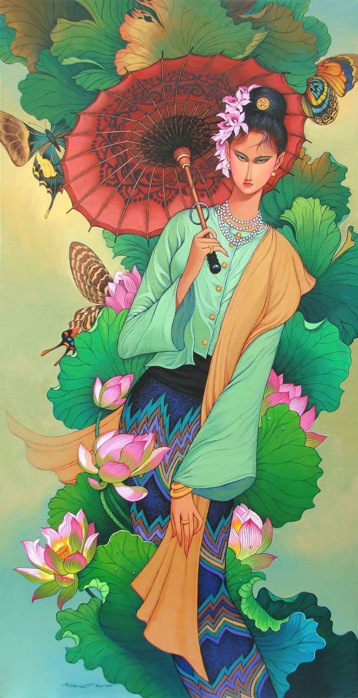 a painting of a woman holding an umbrella in front of water lilies and butterflies