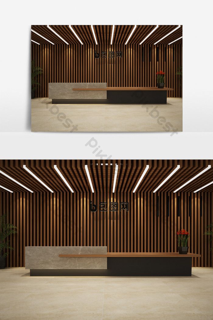 two photographs of the inside of a building with wood paneling and lighting on each wall