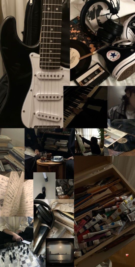 a collage of photos with guitars and other items