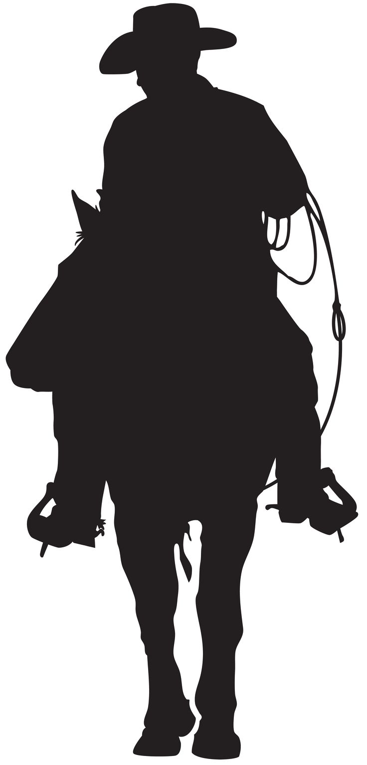 the silhouette of a cowboy riding a horse with a lasso on his shoulder and hat