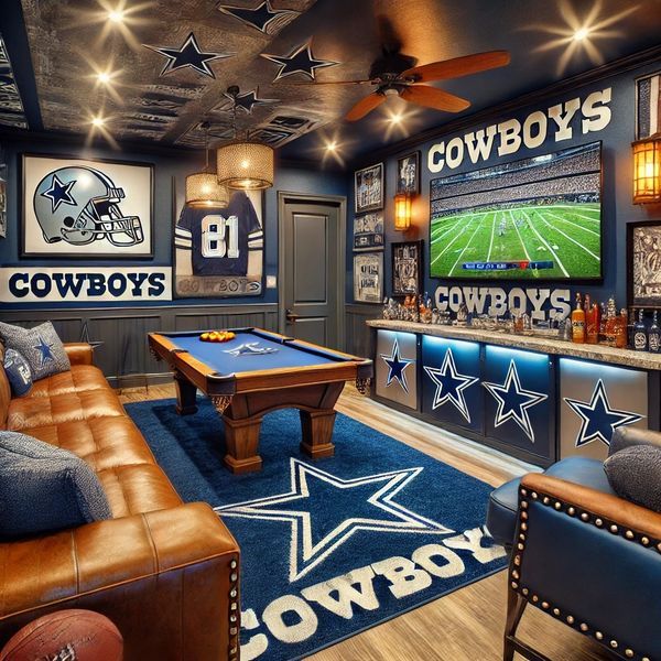 a sports themed living room with couches and a pool table