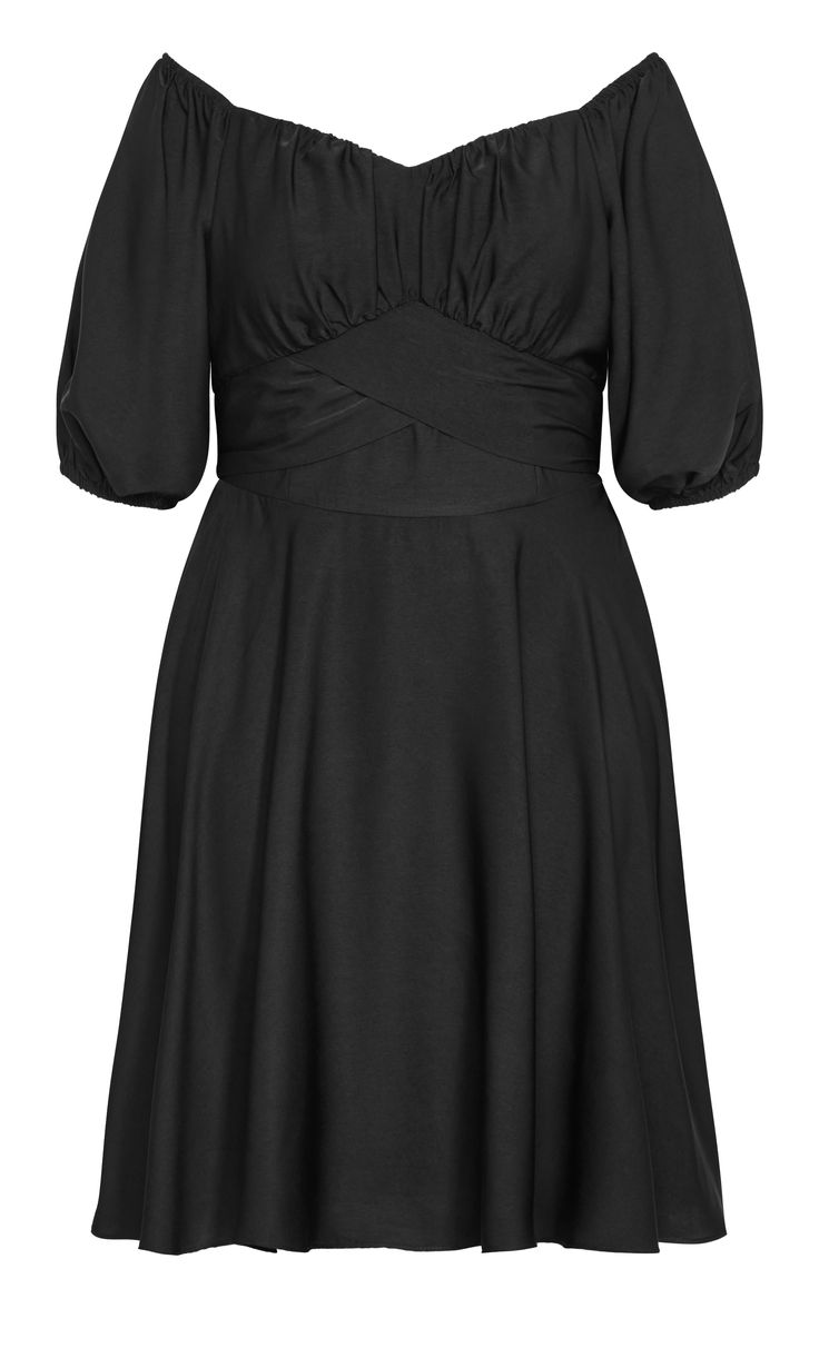 With a bold silhouette and effortlessly chic design, the Eloise Dress elevates your style like no other! Featuring an empire waistline overlay detailing, short puff sleeves and a midi length hem, this dress is a fashion treasure you don't want to miss! Key Features Include: - Subtle V-neckline - Invisible gel lining - Gathered details to bust - Short puff sleeves with elasticated cuffs - Empire waistline overlay detailing - Attached self-tie belt to back - Invisible zip, hook & eye closure to back - Midi length hemline - Lined Complete a cohesive outfit with matching black strappy heels and purse! | Plus Size Dress Eloise 24 in Black, Size 18/M | City Chic Short Sleeve Ruched Mini Dress For Work, Ruched Short Sleeve Mini Dress For Work, Short Sleeve Ruched Puff Sleeve Dress For Formal Occasions, Formal Ruched Puff Sleeve Dress With Short Sleeves, Puff Sleeve Dress With Short Sleeves For Evening, Ruched Puff Sleeve Dress For Formal Occasions, Ruched Puff Sleeve Dress For Work, Short Sleeve Mini Dress With Pleated Waist For Party, Short Sleeve Dresses With Pleated Waist For Date Night