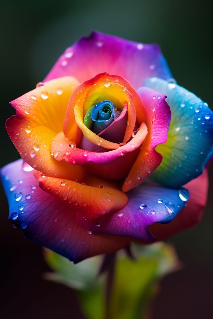 a rainbow colored rose with water droplets on it