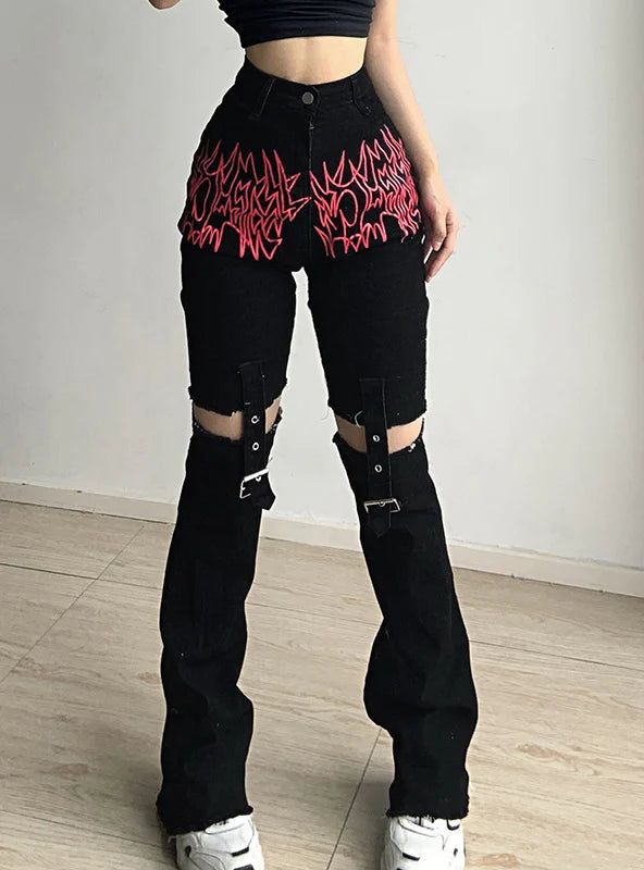 Name of fabric: denimType: high waistThickness: mediumPopular elements: patternsColor: blackSizes: S,M,LElastic force: no elastic forcePants: feet pantsTechnology: printing High Waist Ripped Black Pants, Black High Waist Punk Jeans, Mid-rise Black Punk Pants, Black Mid-rise Punk Pants, Black Mid-rise Punk Jeans, Black Punk Mid-rise Jeans, Black Ripped Edgy Pants, Edgy Black Ripped Pants, High Waist Black Jeans With Belt Loops