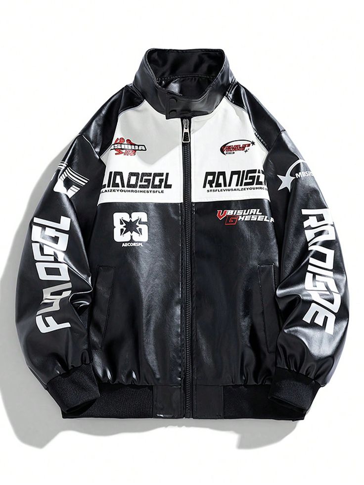 Men's Motorcycle Leather Jacket, Spring & Autumn Windproof Outwear, Printed Stylish Stand Collar Jacket Black and White   Long Sleeve Woven Fabric Colorblock,Letter  Non-Stretch  Men Outdoor Apparel, size features are:Bust: ,Length: ,Sleeve Length: Sports Car Outfit, Men Racing Jacket, Motorbike Jackets Mens, Motorcycle Fits Men, Motorcycle Jacket Aesthetic, Casual Tactical Clothing, Cool Leather Jackets, Vetements Jacket, Leatherman Jacket