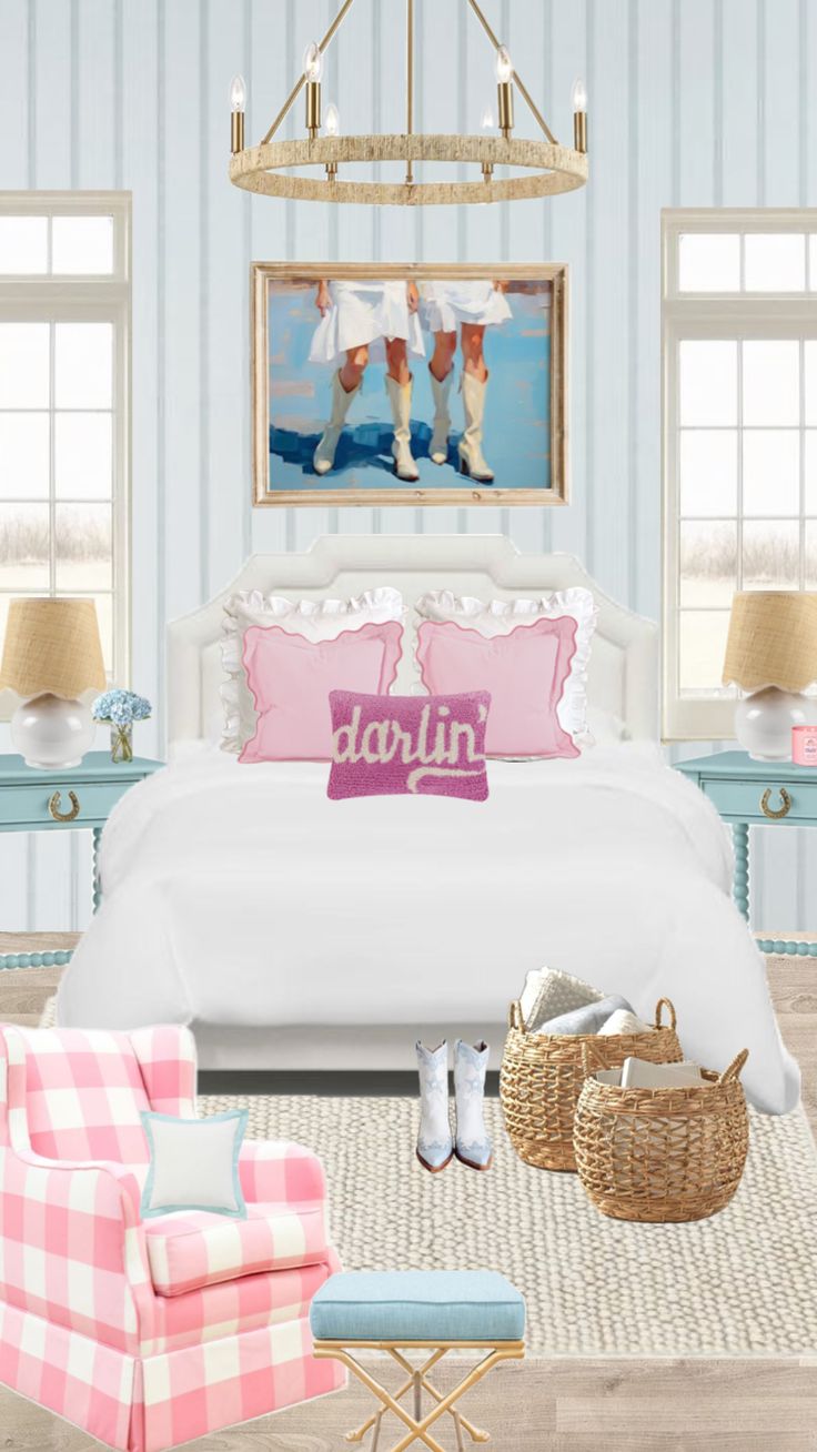 a bedroom decorated in pastel colors with pink and blue accents, white bedding, two pictures on the wall