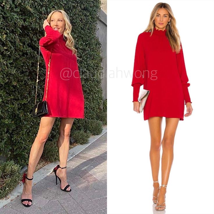 a woman in a red sweater dress and heels