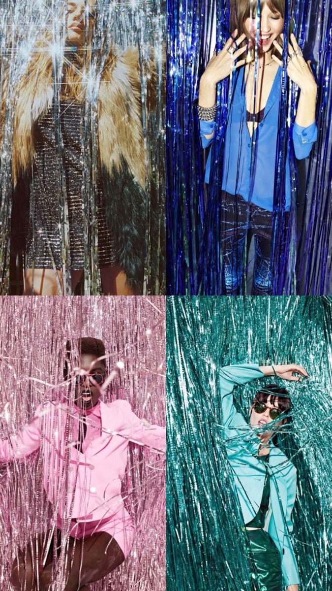 the models are posing in front of tinsel and streamers with their hands on their heads