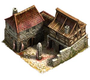 an image of a medieval house with stone walls