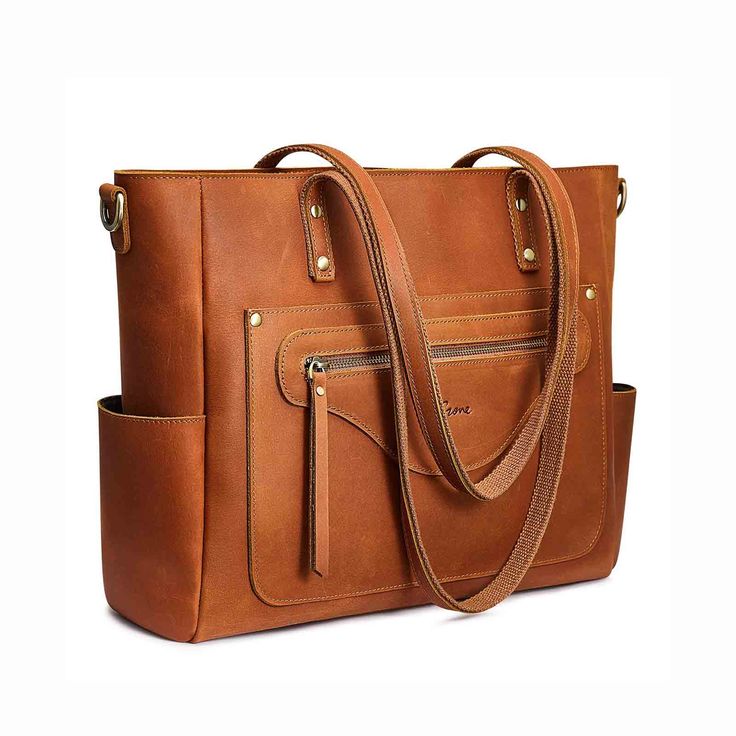 FEATURES Durable Tote Bag: Made of Premium cow leather, 100% genuine leather Large Laptop Bag: Fits up to 15.6 Laptop Handmade Leather Tote: TRIPLE REINFORCED stitching &nail handles, 4 metal rivets under bottom, bronze tone rustproof hardware Size: L x H xW : 16.92"(Upper L) x 14.17" (Bottom L) x 3.93"(W) x 11.81"(H), fits up to 15.6" LAPTOP Weight: 2.97lbs/1.35kg Top handle straps drop: 11.81"/30cm Long shoulder strap drop: 31.5-57.48"/80-146cm Multi-pockets Design: 12 pockets - 5 Exterior Poc Leather Travel Bag With Metal Hardware, Cognac Leather Shoulder Bag With Metal Hardware, Leather Tote Bag With Metal Hardware, Cognac Bag With Metal Hardware For Everyday Use, Cognac Bags With Metal Hardware For Everyday Use, Cognac Shoulder Bag With Metal Hardware For Travel, Brown Tote Shoulder Bag With Metal Hardware, Brown Leather Bags With Metal Hardware, Everyday Cognac Satchel With Metal Hardware