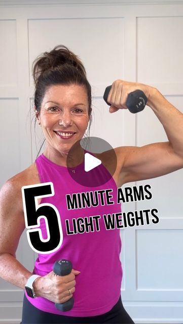 a woman in pink shirt holding dumbbells with text reading 5 minute arms light weights