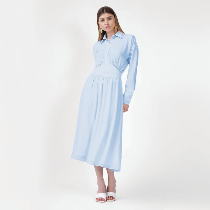 Baby Blue Midi Dress With Corset | BLUZAT | Wolf & Badger Elegant Dresses With Button Closure, Spring Elegant Midi Dress With Buttons, Elegant Spring Midi Dress With Buttons, Feminine Formal Midi Dress With Buttons, Classic Dresses With Button Closure For Daywear, Elegant Buttoned Dress For Daywear, Spring Semi-formal Midi Dress With Fitted Bodice, Elegant Buttoned Midi Dress For Daywear, Semi-formal Midi Dress With Fitted Bodice