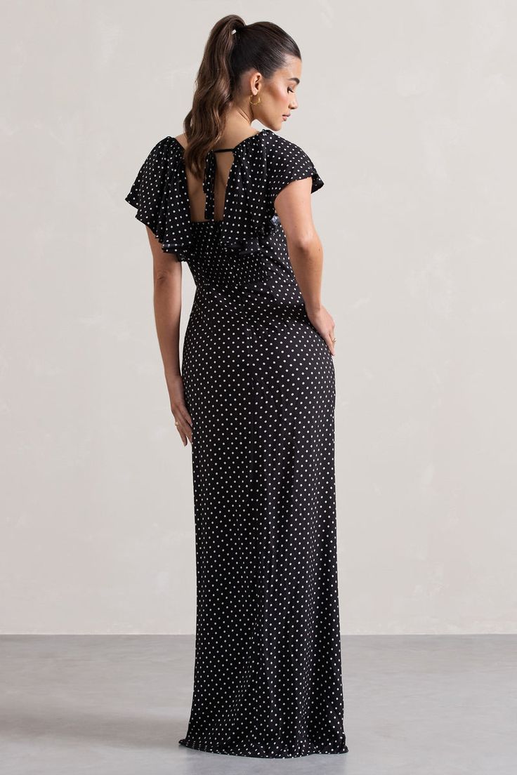 Polka Dot Summer Maxi Dress, Polka Dot Maxi Dress For Summer Evenings, Polka Dot Maxi Length Evening Dress, Summer Evening Polka Dot Maxi Dress, Elegant Polka Dot Maxi Dress For Summer, Elegant Flowy Polka Dot Dress, Chic Polka Dot Maxi Dress, Elegant Polka Dot Maxi Dress For Beach, Elegant Polka Dot Maxi Dress With Short Sleeves