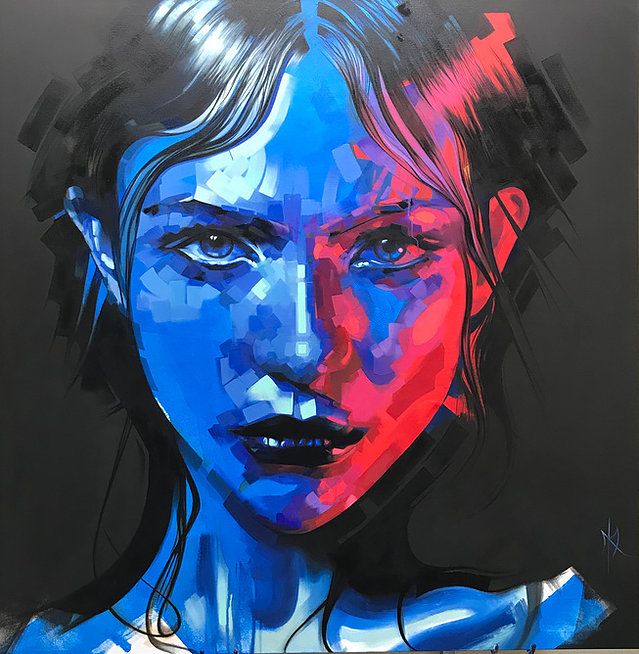 a painting of a woman with blue and red hair