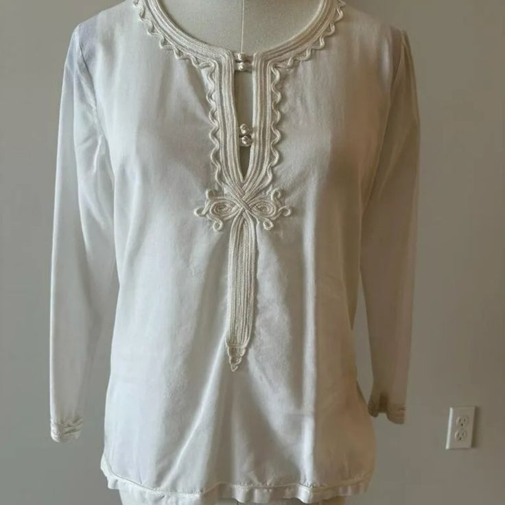 Nwot. Perfect Condition Long Sleeves 100% Cotton Please See Photos For Measurements Elegant Embroidered Neckline Tunic For Summer, Elegant Summer Tunic With Embroidered Neckline, Vacation V-neck Top With Embroidered Hem, V-neck Vacation Tops With Embroidered Hem, Beach V-neck Top With Embroidered Neckline, Vacation V-neck Blouse With Embroidered Hem, Long Sleeve Tunic With Embroidered Hem, Elegant Embroidered Beach Tops, White Embroidered Hem Blouse For Vacation