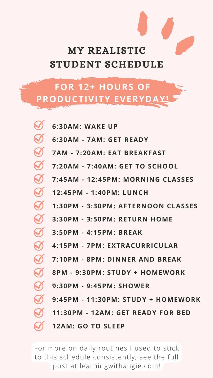 a pink poster with the words, my realistic student schedule for 12 hours of production every day