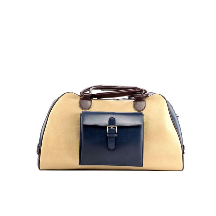 a blue and beige handbag on a white background