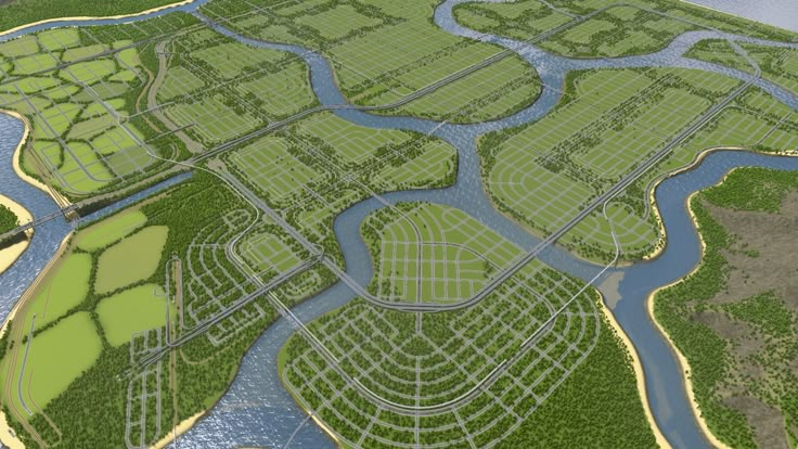 an artist's rendering of a river and land area in the shape of a city