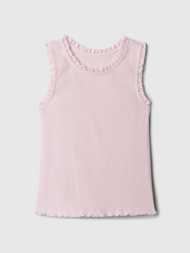 Soft cotton T-shirt.  Crewneck with lace trim.  Sleeveless.  For more fit and sizing info, check out our Size Guide. Peony Pink, Top Light, Baby Gap, Cute Tops, Mix Match, Toddler Boys, Cotton T Shirt, Lace Trim, Size Guide