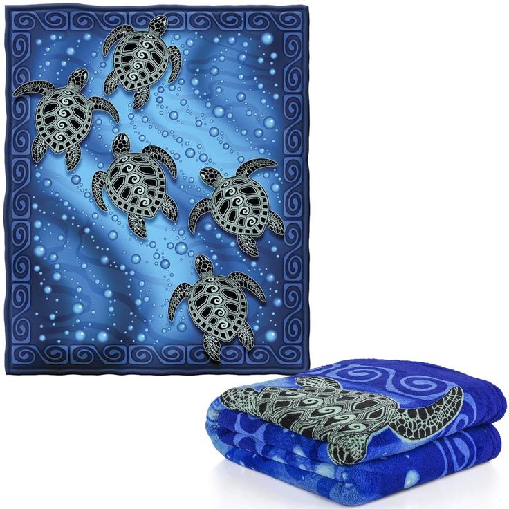 two blue towels with sea turtles on them next to an image of the same towel