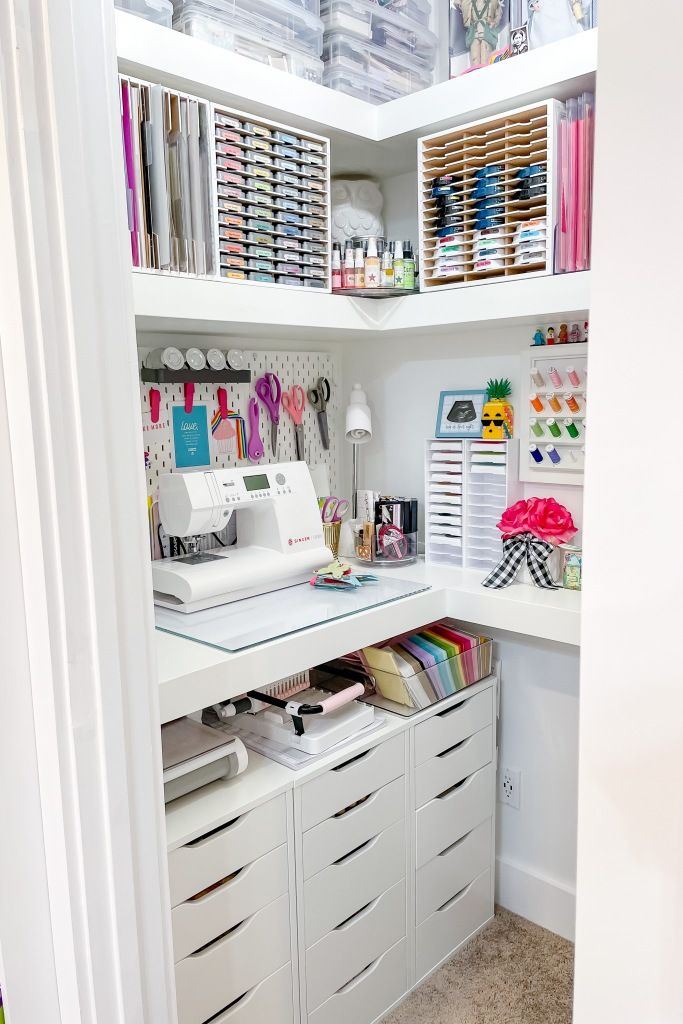 a sewing room with lots of crafting supplies on the shelves and in the closet