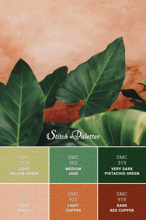 the color palette is green, brown, and pink with some leaves on it in different shades