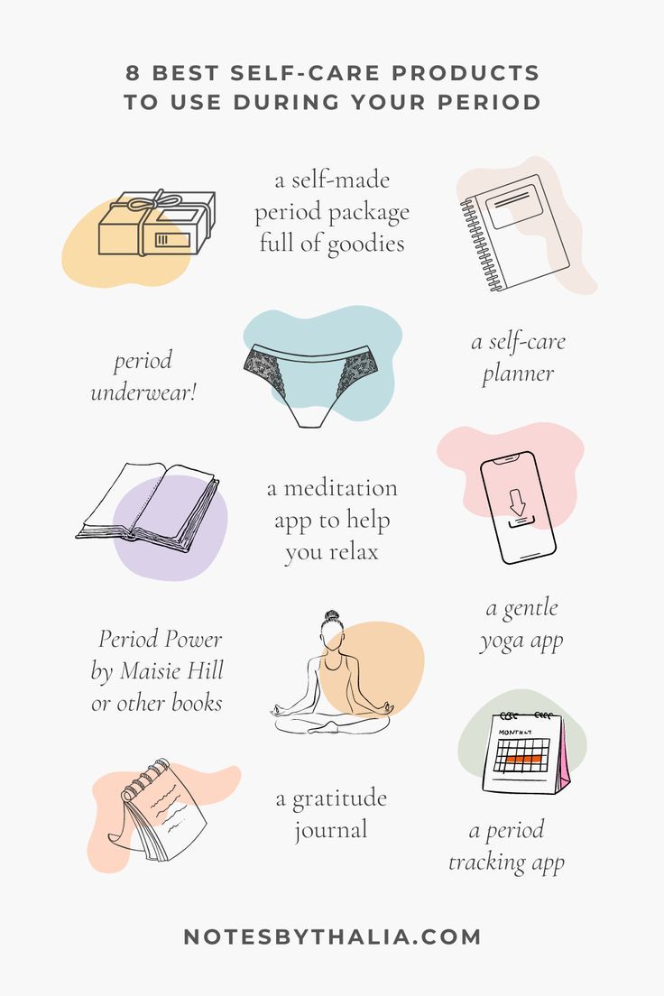 8 Best Self-Care Products To Use During Your Period Infographic including a gratitude journal, a period tracking app, a gentle yoga app, a meditation app to help you relax, period power by maisie hill and other books, period underwear, a self-care planner, a period package full of goodies Period Self Care, Period Tracking App, Cramp Relief, Home Remedies For Allergies, Period Cycle, Healthy Period, Yoga App, Natural Remedies For Migraines, Period Hacks