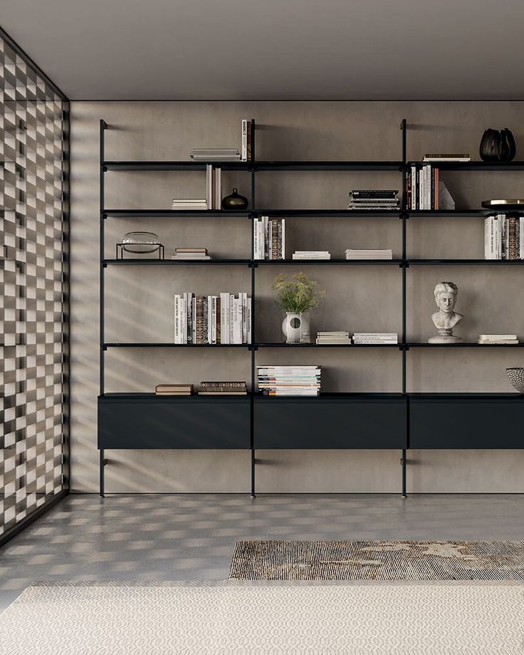 a book shelf with many books and vases on it in a room that has checkered flooring