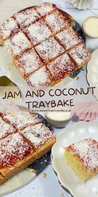 jam and coconut tray bake is shown on the table with other desserts around it