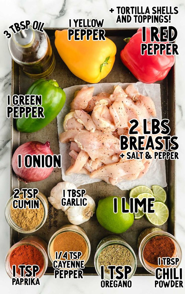 the ingredients for this recipe include chicken, peppers, limes and pepper