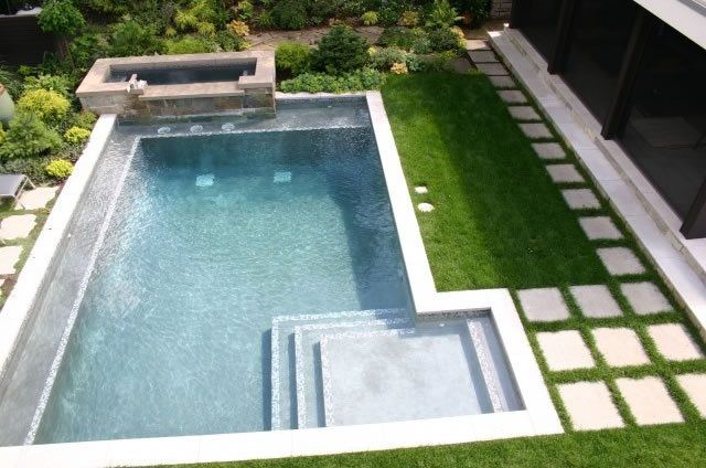 an aerial view of a backyard with a swimming pool