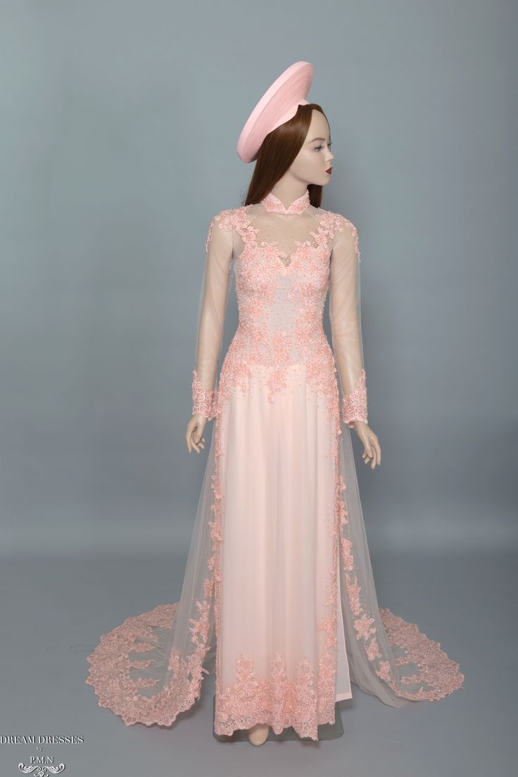 Custom made blush pink bridal Ao Dai Neckline: traditional collar Illusion front and back Long sleeves Zipper closure Chapel train (20''/50cm) Chiffon pants Made to your own measurements Pink Lace Evening Dress With Sweep Train, Pink Lace Bodice Evening Dress For Wedding, Pink Lace Bridesmaid Wedding Dress, Pink Lace Wedding Dress For Debutante Ball, Pink Lace Wedding Dress With Fitted Bodice, Pink Floor-length Wedding Dress With Sweep Train, Pink Lace Wedding Dress With Lace Bodice, Pink Lace Bodice Ball Gown For Wedding, Pink Wedding Dress With Lace Bodice