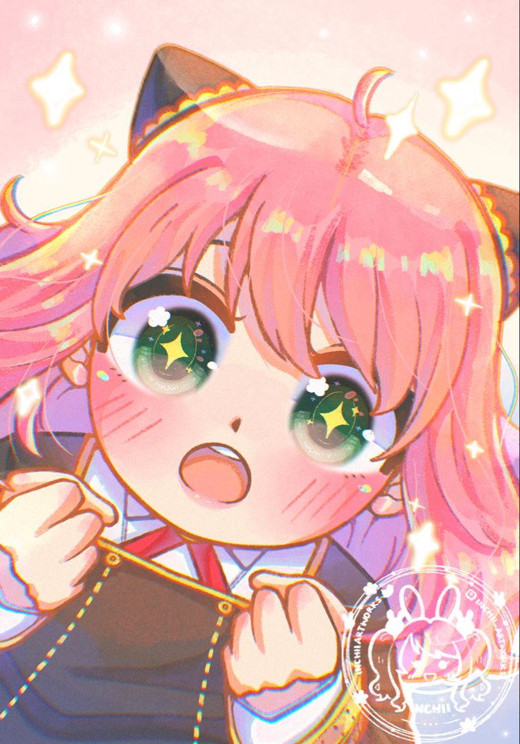 an anime character with pink hair and stars on her head, wearing a black jacket