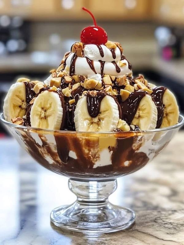 an ice cream sundae with bananas, nuts and a cherry on top in a glass bowl